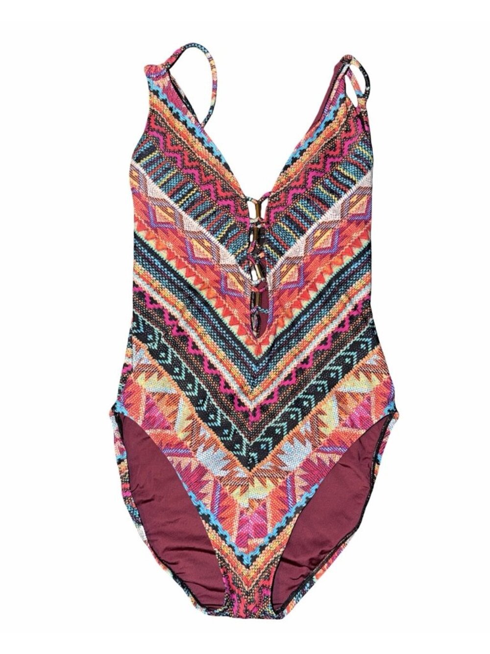 La Blanca Boho Tribal Lace-Up One Piece Swimsuit Multicolor Geometric Sz 2 Beach - Picture 2 of 9